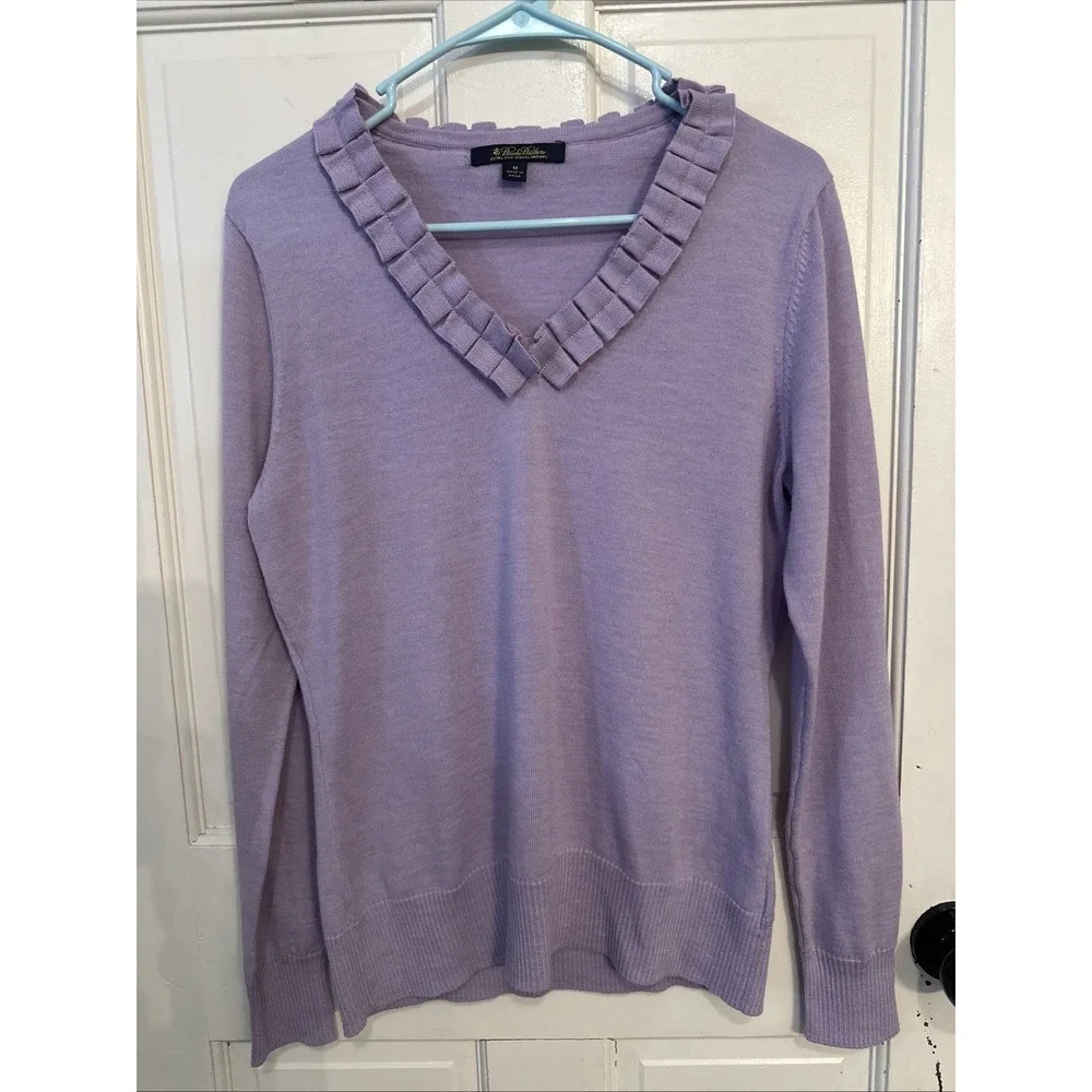 Brooks Brothers women's purple merino wool‎ ruffled V-neck sweater Size Medium